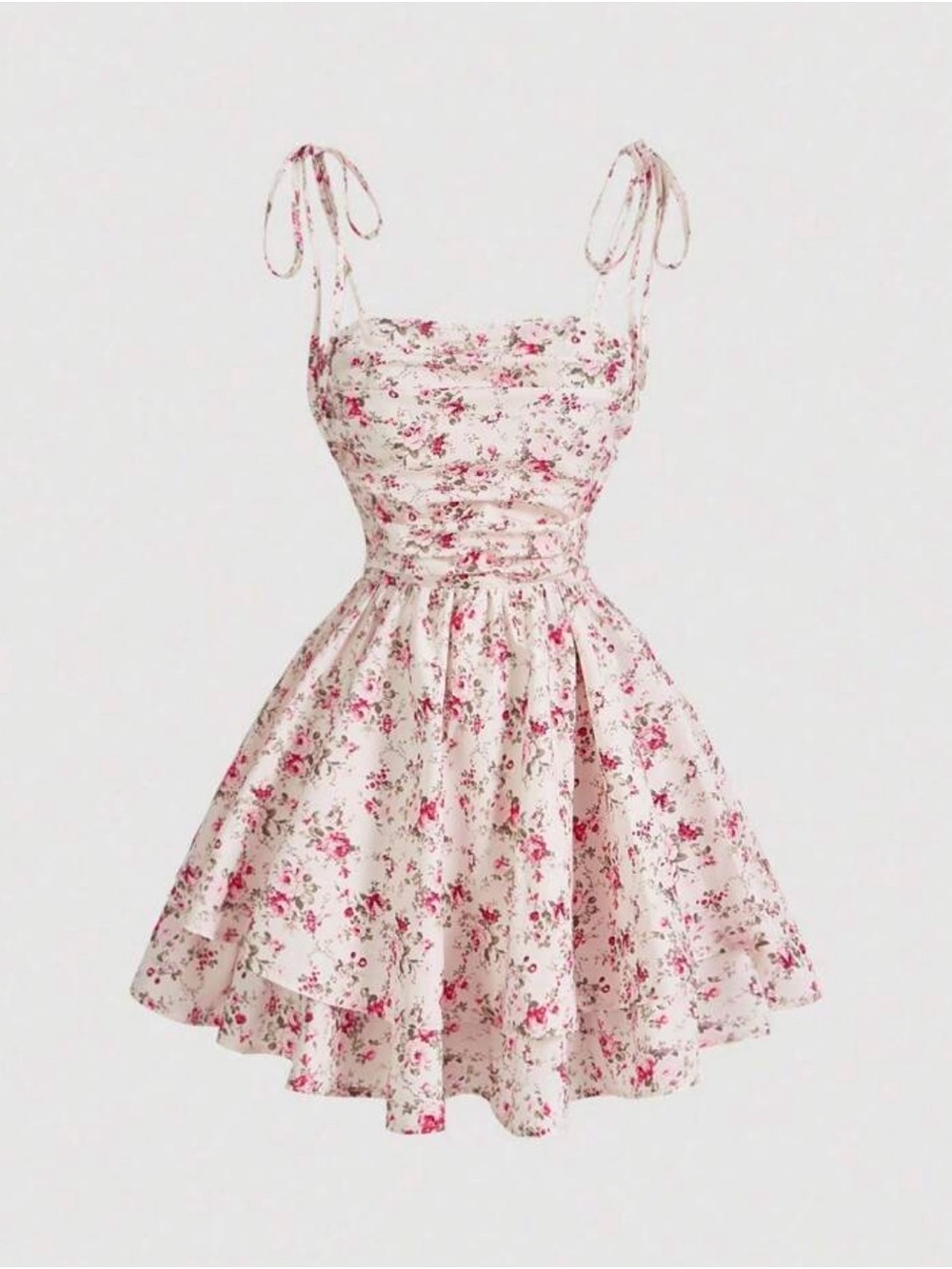 Floral Tie-Shoulder Sundress in Cream and Pink